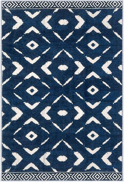 KILOCOCO Living Room Rug 5x7 Area Rug Printed Boho Washable Bedroom Rugs Non Slip Soft Large Moroccan Rubber Backed Indoor Rugs for Dining Room Office Farmhouse Geometric Carpet, Blue
