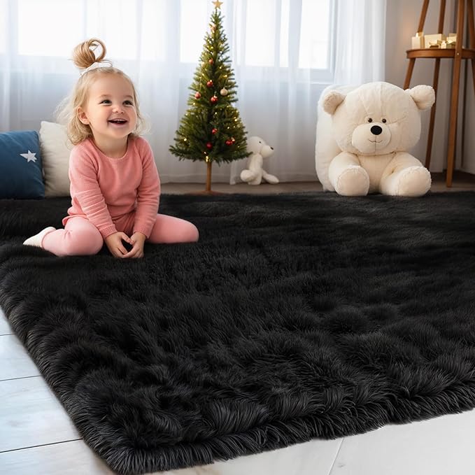 Zentavio Black Area Rugs for Living Room Bedroom 9x12 Large Men Room Carpet Fluffy Furry Shag Aesthetic Plush High Pile Floor Rug for Nursery Kids Room Dorm Home Decor