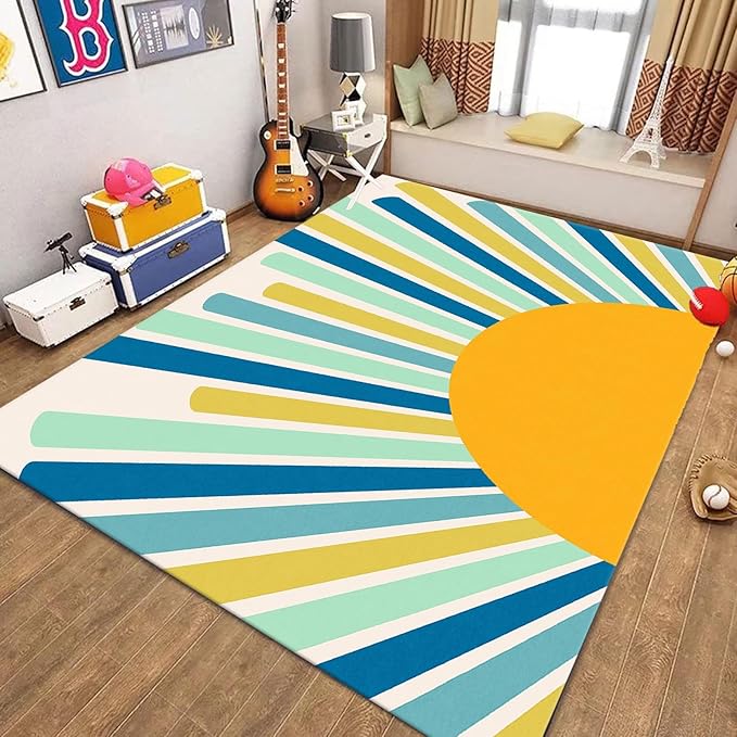Rainbow Sun Area Rug,5x8ft,Boho Geometric Print Rug, Modern Mid-Century Colorful Rug for Kids Girls Boys Bedroom, Living Room, Classroom, Office Non-Slip Washable