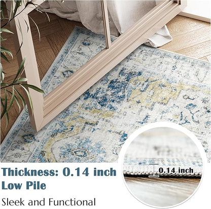 jinchan Area Rug 8x10 Washable Living Room Rug Vintage Indoor Large Floor Cover Distressed Lightweight Non-Slip Low Pile Thin Mat Stain Resistant Carpet for Bedroom Dining Room Office Light Blue