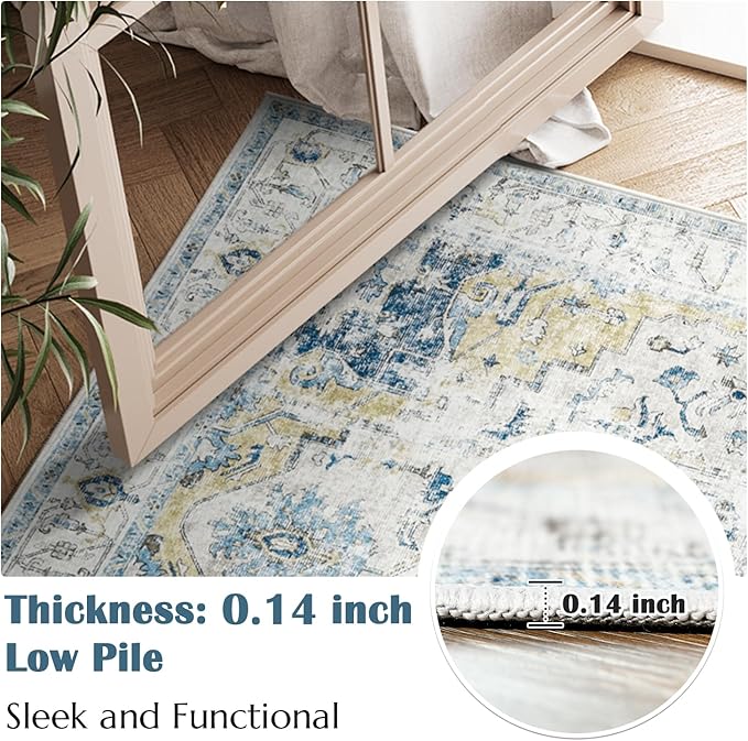 jinchan Kelda Area Rug 6x9 Washable Living Room Rug Vintage Indoor Large Floor Cover Distressed Lightweight Non-Slip Low Pile Thin Mat Accent Stain Resistant Carpet for Bedroom Office Light Blue