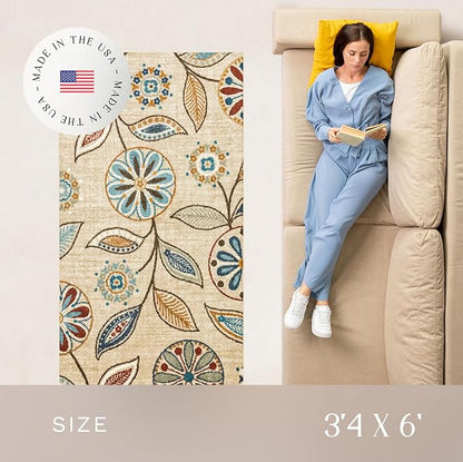 Maples Rugs Reggie Floral Area Rug - Made in USA - Washable, Non Slip, Pet-Friendly Mats for Living Room, Bedroom, and Office, 3'4" x 6', Beige