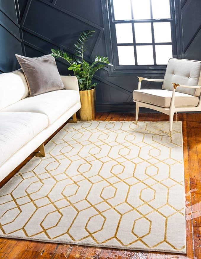 Unique Loom Marilyn Monroe Glam Collection Area Rug - Trellis (7' 10' x 10' Rectangle, White Gold/ Gold)