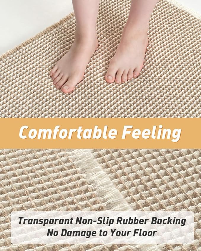 AMOAMI Upgraded Waffle Bath Mat, Super Absorbent Non Slip Bath Mats for Bathroom Floor, Machine Washable Bathroom Rugs with Tassels, Rubber Backed Bathroom Mats, Ultra Soft, 20" x 32",Brown & Cream