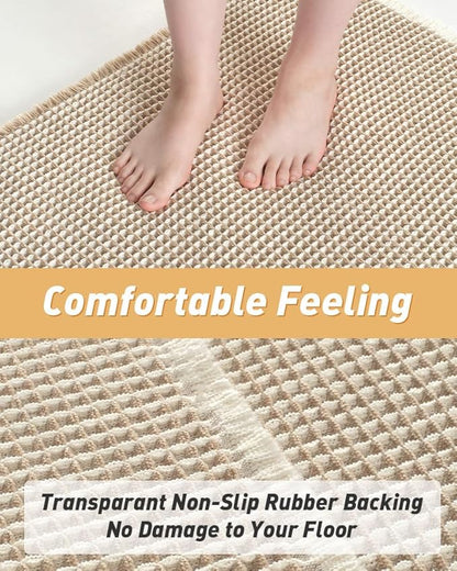 AMOAMI Upgraded Waffle Bath Mat, Super Absorbent Non Slip Bath Mats for Bathroom Floor, Machine Washable Bathroom Rugs with Tassels, Rubber Backed Bathroom Mats, Ultra Soft, 20" x 32",Brown & Cream