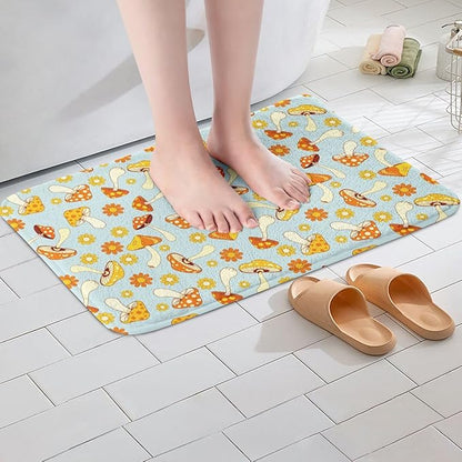 Erosebridal Hippie Mushroom Bath Mat Kids Cute Groovy Floral Non Slip Bath Rugs Boho Retro 70s Theme Decor Super Cozy Bathroom Rug 16x24 Bohemian Kawaii Bathroom Accessories Girls Flower Bedroom Rug