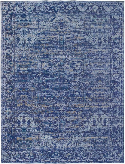 ReaLife Rugs Machine Washable Area Rug - Living Room Bedroom Bathroom Kitchen Entryway Office - Padded Low Pile Stain Resistant Premium - Boho Vintage Traditional - Lyle - Blue 4' x 6'