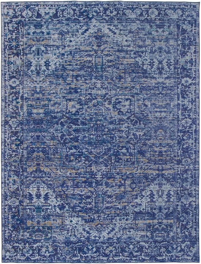 ReaLife Rugs Machine Washable Area Rug Runner - Living Room Bedroom Bathroom Kitchen Entryway Office - Padded Low Pile Stain Resistant Premium - Boho Vintage Traditional - Lyle - Blue 3' x 5'