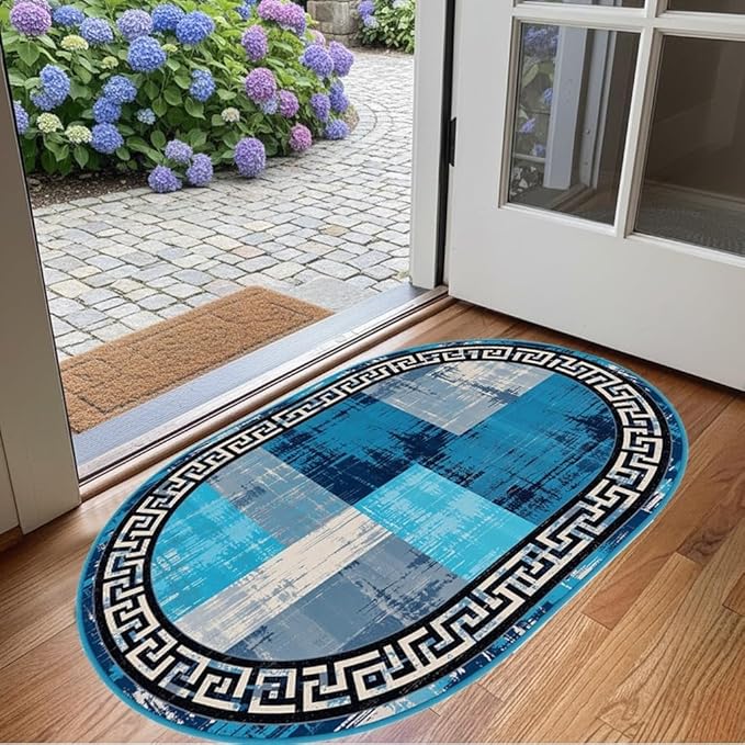 Blue Grey Black Greek Key Pattern Bordered Design Large Carpet for Living Room Bedroom Dining Room Soft Non Slip Low Pile Area Rug 10x14 Farmhouse Doormats Vintage Distressed Home Office Oval Rugs