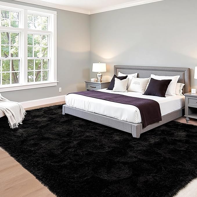 Beglad Fluffy Area Rugs 3 x 5 Feet, Modern Minimalist Style Shag Rugs, Non-Slip Indoor Carpet Soft Rugs for Bedroom, Living Room, Black