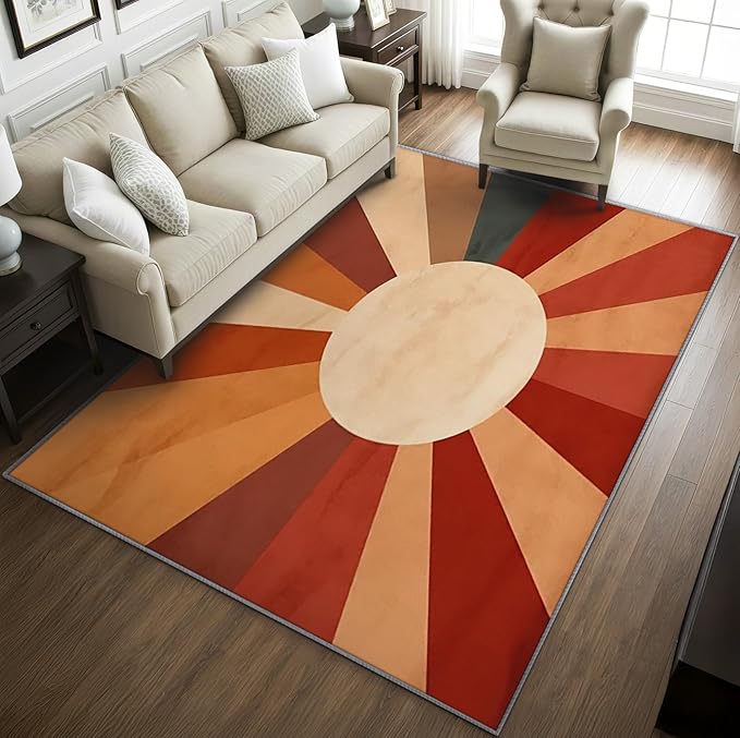 70s Rugs for Living Room -Retro Sun Rug, 4x5 ft, Mid Century Sun Area Rug, Red and Orange Washable Rugs for Living Room Bedroom, Boho Retro 70s Home Decor & Gifts