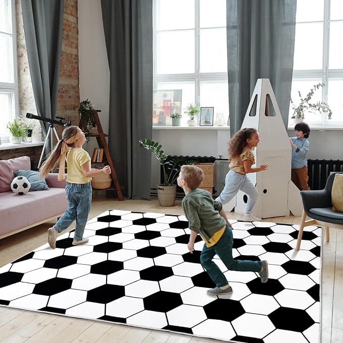 Soft Soccer Rugs for Bedroom, Machine Washable, Cute Bedside Boys Area Rug for Kids Toddlers Teens, Soccer Lovers Home Decor Indoor Carpet for Living Room, Dorms, Nursery, 5x7 FT