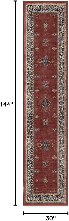 RUGGABLE Washable Vintage Runner Rug – Verena Amber Red 2.5x12, Stain-Resistant, Non-Slip Hallway Runner – Machine Washable Rug for Hallway, Entryway, Living Room & Kitchen–with Standard Pad