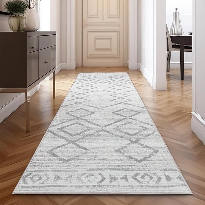 jinchan Hallway Runner Rug 2x8 - Moroccan Kitchen Machine Washable Runner Rug Modern Geometric Soft Faux Wool Ultra-Thin Low-Pile Non-Slip Carpet for Laundry Room Bedroom Farmhouse (2x8ft, Grey)