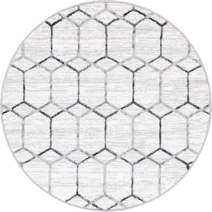 Rugs.com Lattice Trellis Collection Rug – 3 Ft Round White Low-Pile Rug Perfect for Kitchens, Dining Rooms