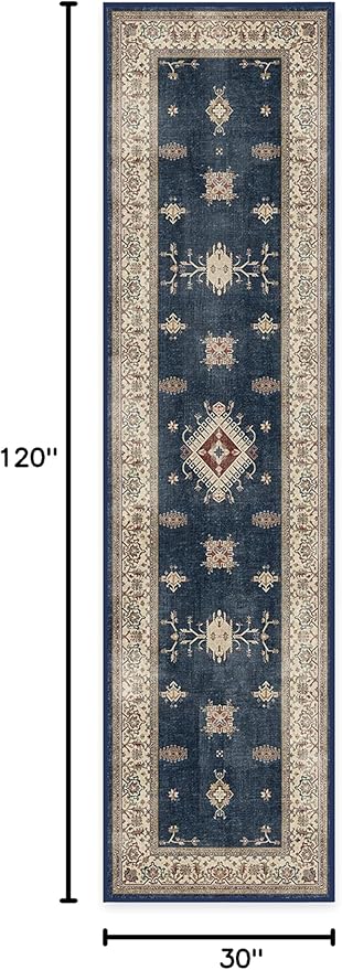 RUGGABLE Washable Vintage Runner Rug – Verena Sapphire 2.5x10, Stain-Resistant, Non-Slip Hallway Runner – Machine Washable Rug for Hallway, Entryway, Living Room & Kitchen–with Cushioned Pad
