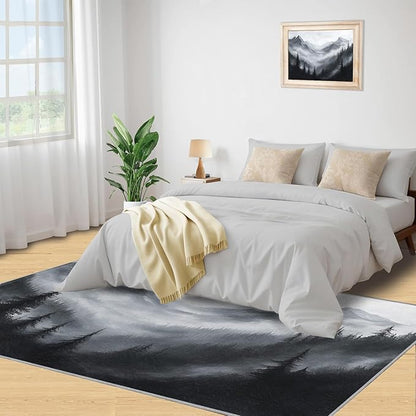 Misty Forest Rugs for Bedroom - 5x7 Area Rug - Modern Black White Art Rugs for Living Room, Natural Landscape Rug, Washable Home Decor Carpet
