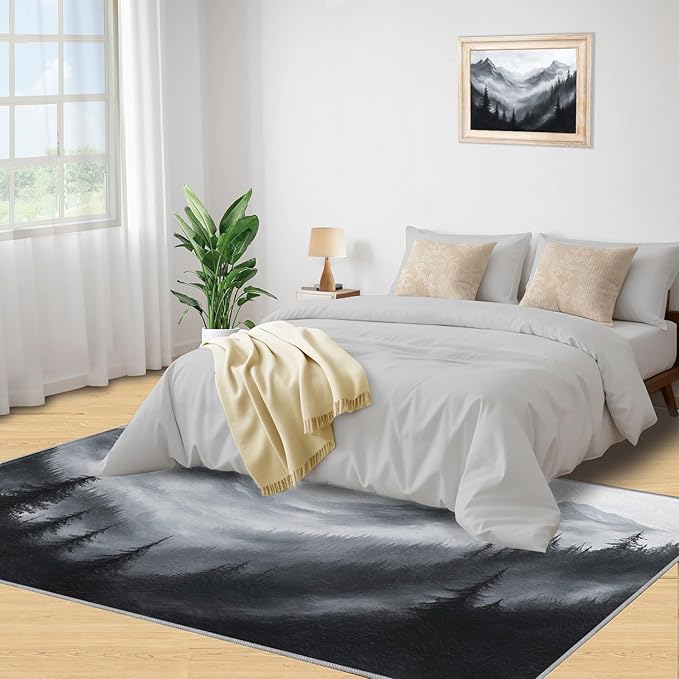 Misty Forest Rugs for Bedroom - 2x3 Area Rug - Modern Black White Art Rugs for Living Room, Natural Landscape Rug, Washable Home Decor Carpet