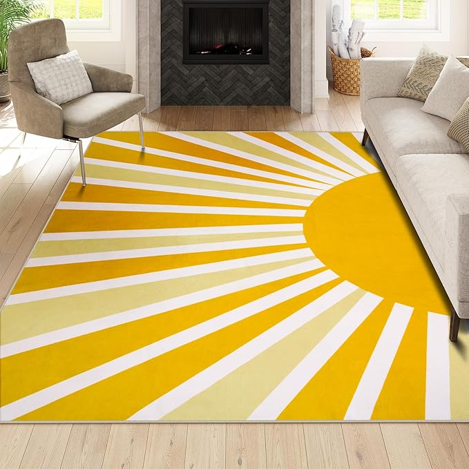Lahome Yellow Rainbow Sun Area Rug: 9'x12' Ultra-Thin Machine Washable & Non-Slip with Cute Boho Print for Nursery, Bedroom, Living Room, Classroom & Dorm