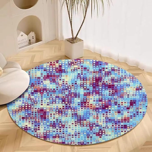 Abstract Pixel Geometry Round Rug Ombre Blue Purple Living Room Circle Area Rugs 5ft Washable Soft Non Slip Low Pile Indoor Floor Carpet for Bedroom Office Kitchen Coffee Table