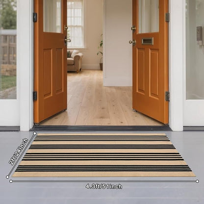 Striped Outdoor Front Door Mat 24"x51", Cotton Hand Woven Washable Black and Khaki Rug Runner, Reversible Foldable Indoor Layered Front Door Rugs for Entryway/Farmhouse/Home Entrance