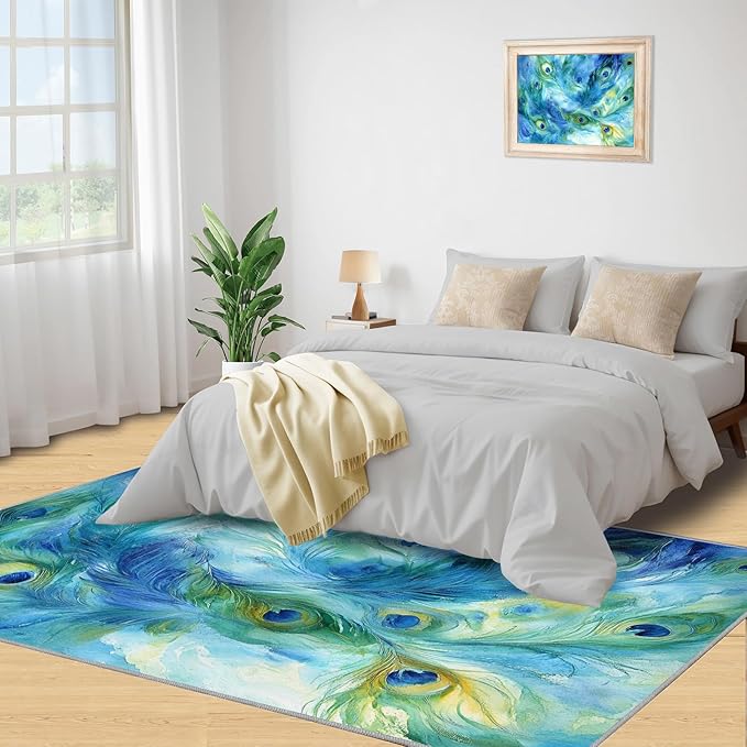 Peacock Feather Rug 4x6-4x6 Rug, Teal Turquoise Area Rugs for Bedroom, Malachite Green Feather Rugs for Living Room, Peafowl Washable Mat, Peacock Feather Carpet - Peafowl Home Decor & Gifts