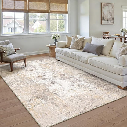 6x9 Washable Area Rug Beige Grey Abstract Living Room Bedroom Throw Rug Neutral Modern Non Slip Soft Low Pile Indoor Carpet for Dining Room Office Entryway