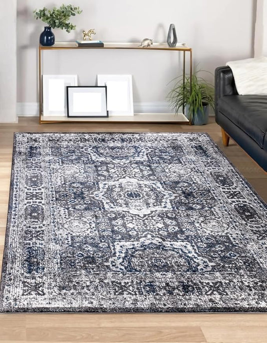 Keen Home Design Area Rugs - Non-Shedding, Thick Pile Abstract Rugs for Kitchen, Living Room, Bedroom, Dining Room, Entryway (Medallion Grey/Blue/Cream, 7'3'' x 10'2'')