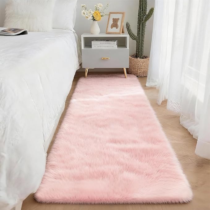 2x6 Solid Fluffy Pink Area Rug – Washable, Durable, Small Bedroom Runner Rug, Non-Slip Shag Rugs for Hallway, Girls Room, Living Room, Bedroom, Bedside, Dorms, Kids Room, Sofa Coffee Table