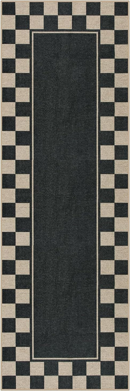 Moynesa Easy Jute Runner Rugs Washable 2x6 Entryway Runners Rug for Kitchen Black Checkered Carpet for Indoor Outdoor Non Slip Mat for Hallways Bathroom Bedroom Laundry Living Room Corridor
