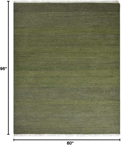 Rugsotic Carpets Hand Woven Flat Weave Kilim Wool ECO-Friendly Area Rugs - 5'x8', Rectangle Shape, Olive Color, Solid Plain Design, Low Pile Handmade Area Rugs for Living Room, Bed Room (D00111)