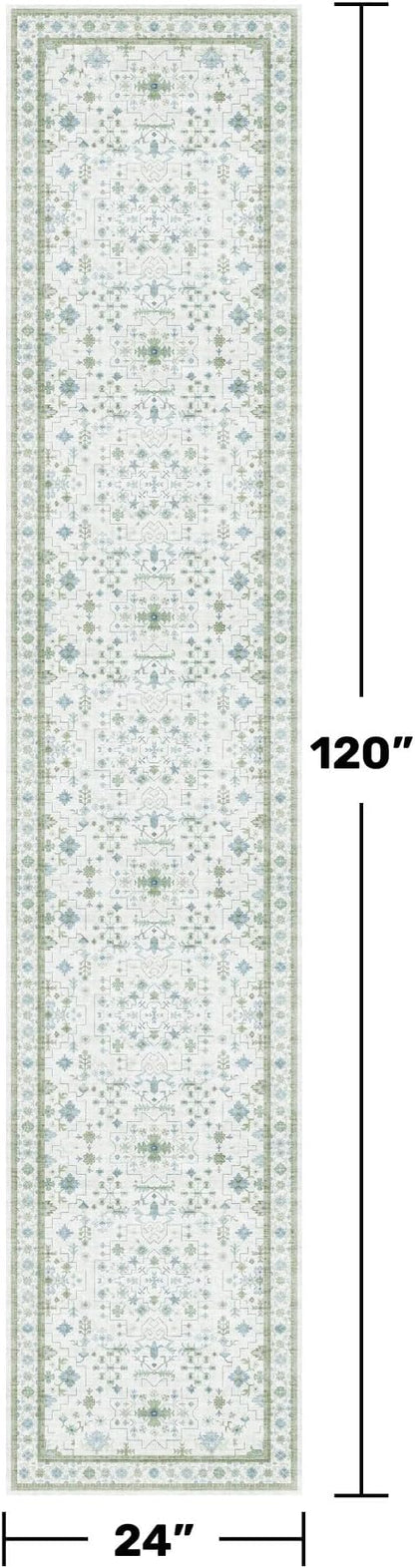 Oushak Runner 2x10 Hallway Rug - Floral Pastel Boho, Washable Low Pile Non Slip Extra Long Runner Rugs for Kitchen, Hall Way - Cream Blue and Green