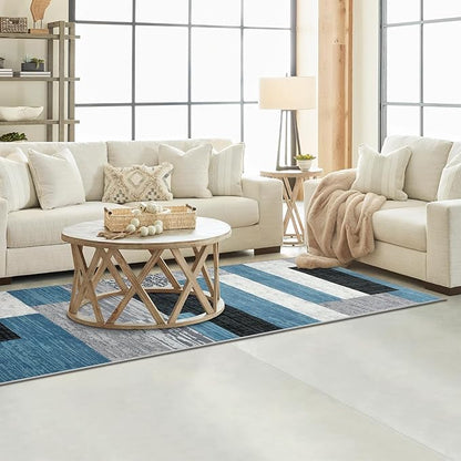 Indoor Runner Rug, Washable Runner Rug with Rubber Backing, Modern Geometric Patchwork Aesthetic Carpet for Bedroom, Living Room, Hallway, Entryway, Washable Rug Rockwood Collection, 2x6 Ft Blue