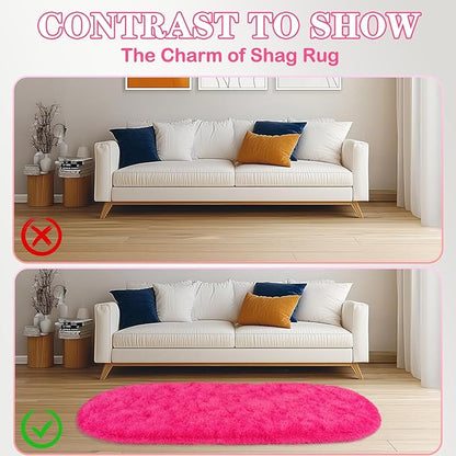 Soft Fluffy Area Rug for Bedroom, Hot Pink Fuzzy Shaggy Oval Throw Rugs for Bedside, Non-Slip Cozy Plush Shag Carpet for Girls Kids Room Nursery Dorm Living Room, 2.6 x 5.3 Feet