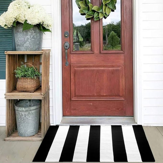 KOZYFLY Black and White Striped Rug Doormat 23.5' x 35.4' Cotton Woven Washable Black Indoor Outdoor Rugs for Layered Door Mats Porch/Kitchen/Farmhouse