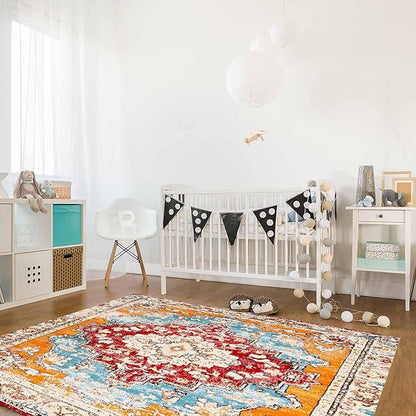 Bohemian Pattern Rectangular Area Rugs for Living Room Bedroom 4 x 6 ft Red & Orange Abstract Non-Shedding Soft Low Pile Rug Non Slip Washable Rug for Nursery Entryway Playroom