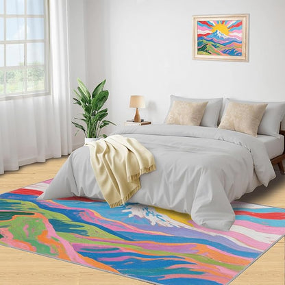 Boho Sun Area Rugs 6x9ft, Watercolor Mountain Fluffie Rugs for Living Room, Abstraction Deco Nursery Rug with Under Rug Non Slip Tape for Bedroom Kids Room