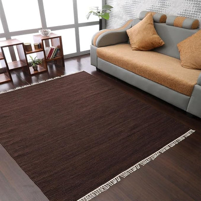 Rugsotic Carpets Hand Woven Flat Weave Kilim Wool ECO-Friendly Area Rugs - 8'x8', Square Shape, Dark Brown Color, Solid Plain Design, Low Pile Handmade Rugs for Living Room, Bed Room (D00111)