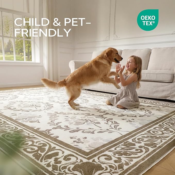 SOULFUL Medium Pile 8x10 Rugs for Living Room - Soft Underfoot Large Area Rug - Brown Boho Floral - Washable Non-Slip - Perfect for Bedroom Kids Room Under Dining Table Office