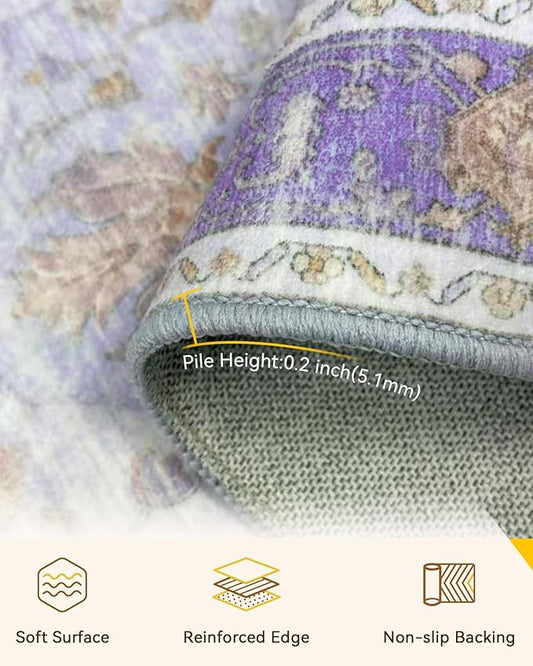 Area Rugs 8'x10' Washable Non-Slip, Floral Vintage Distress Print Pattern Medallion Carpet for Living Room Bedroom Dining Room, Light Purple Brown