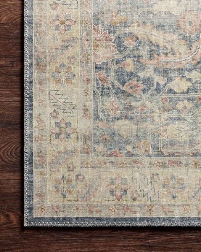 Loloi Hathaway Collection HTH-02 Denim/Multi 5'-0" x 7'-6", .25" Thick Area Rug, Soft, Durable, Printed, Modern, Low Pile, Non-Shedding, Easy Clean, Living Room Rug