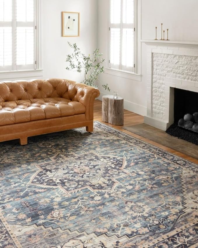 Loloi Hathaway Collection HTH-01 Navy/Multi 2'-6" x 7'-6", .25" Thick Runner Rug, Soft, Durable, Printed, Modern, Low Pile, Non-Shedding, Easy Clean, Living Room Rug