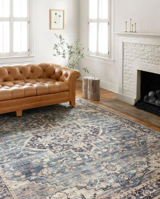 Loloi Hathaway Collection HTH-01 Navy/Multi 2'-6" x 7'-6", .25" Thick Runner Rug, Soft, Durable, Printed, Modern, Low Pile, Non-Shedding, Easy Clean, Living Room Rug