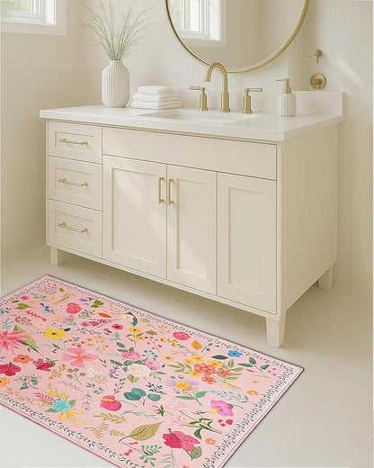 Boho Floral Entryway Rug 2x3, Washable Small Mat for Bathroom and Kitchen, Non Slip Front Door Mat Indoor Entrance, Vintage Style Flower Mat with Rubber Backing, Soft Area Rug for Entry Way (Pink)