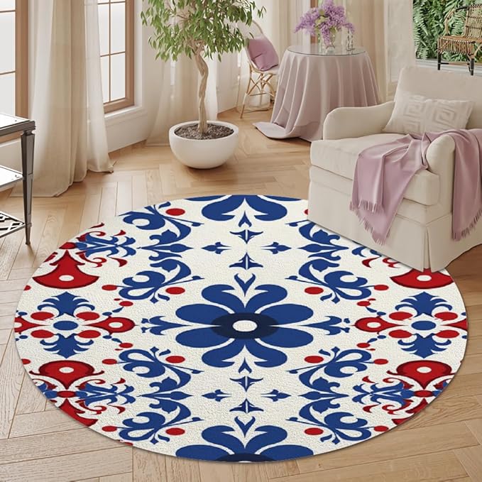 Vintage Blue Flowers Washable Round Rugs Oriental Tribal Floral Circle Rugs for Living Room Entryway Round Area Rug Soft Non Slip Nursery Carpet for Bedroom Dining Coffee Table 7ft