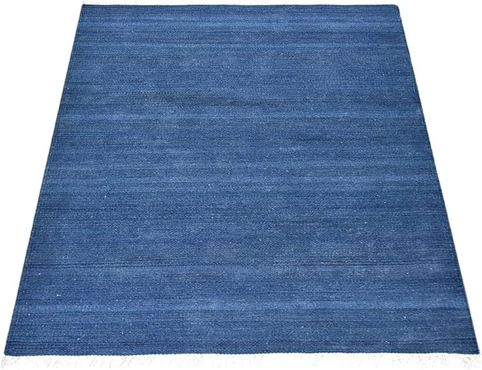 Rugsotic Carpets Hand Woven Flat Weave Kilim Wool ECO-Friendly Area Rugs - 10'x13', Rectangle Shape, Blue Color, Solid Plain Design, Low Pile Handmade Rugs for Living Room, Bed Room (D00111)