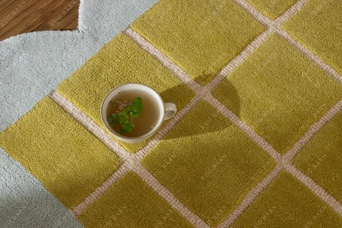 Checkered Wool Area Rug with Scalloped Border, Chartreuse Green & Cream Grid, Hand-Tufted, Soft Cut Pile, Modern Cottagecore Living Room, Bedroom & Nursery Carpet - 6x8 Ft