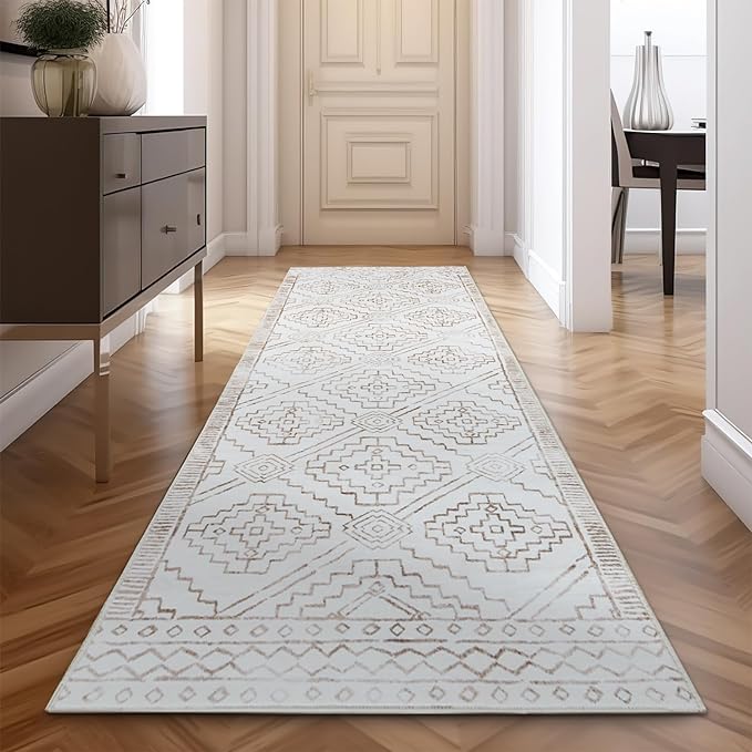 jinchan Hallway Runner Rug 3x10 - Moroccan Kitchen Machine Washable Runner Rug Modern Geometric Soft Faux Wool Ultra-Thin Low-Pile Non-Slip Carpet for Laundry Room Bedroom Farmhouse (3x10ft, Taupe)