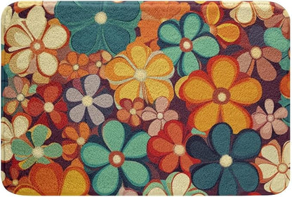 Erosebridal Groovy Flower Bathroom Rugs 70s Party Bath Mat Rainbow Floral Non Slip Bath Rugs Boho Hippie Fluffy Plush Rugs 20x32 Vintage Retro Party Shower Carpet for Girl Woman
