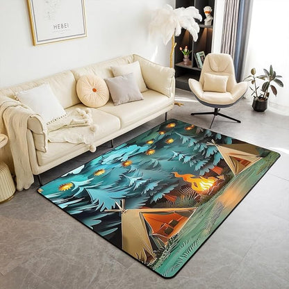 Camping Area Rug 3x5 Woodland Camp Rugs for Living Room | Vintage Camfire Tent Washable Rug, Camper Decor Rustic Carpet Indoor Floor Mat,Farmhouse Decor